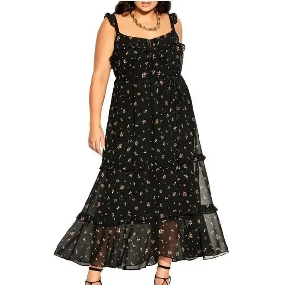 City Chic | Dresses | City Chic Maxi Dress Ruffle Petal Ditsy Floral Lined  Black 4 | Poshmark